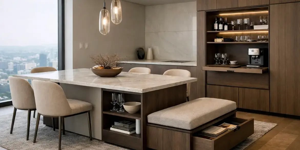 Imagen de un comedor de un departamento exclusivo con pocos muebles multifuncionales elegantes