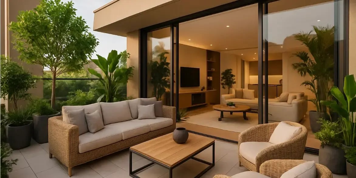 Imagen de un departamento exclusivo con une terraza con muebles y plantas