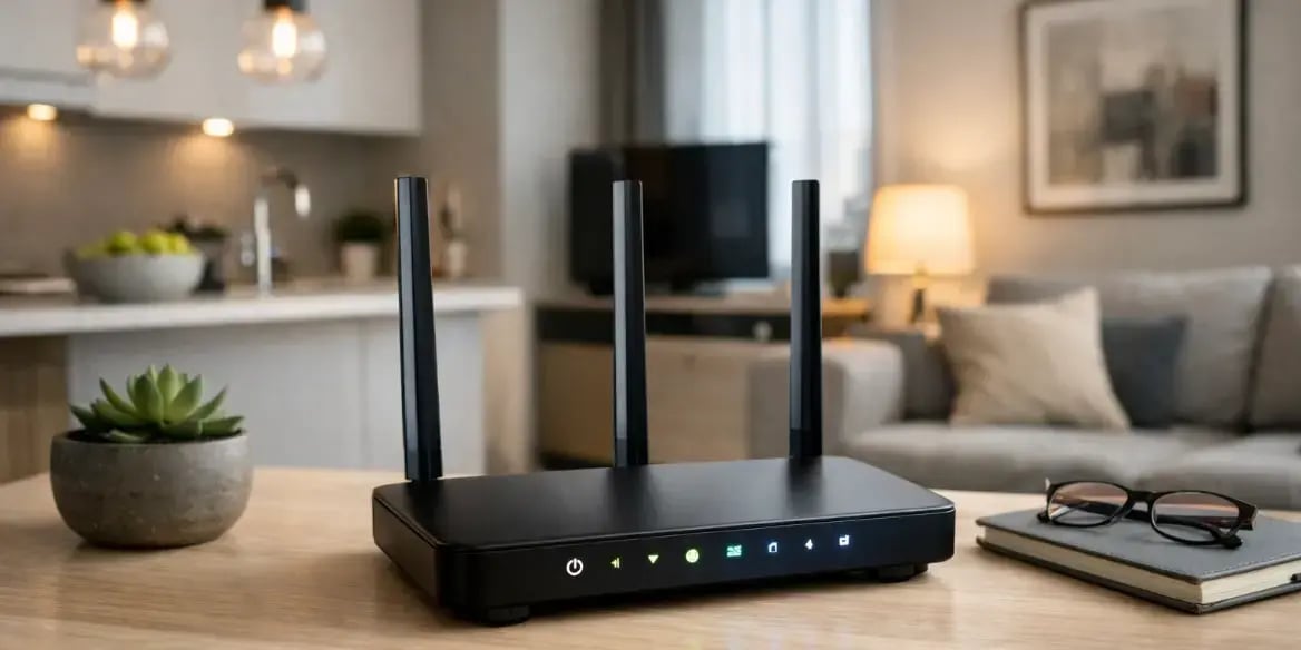 Imagen de un router sobre la mesa de un departamento moderno