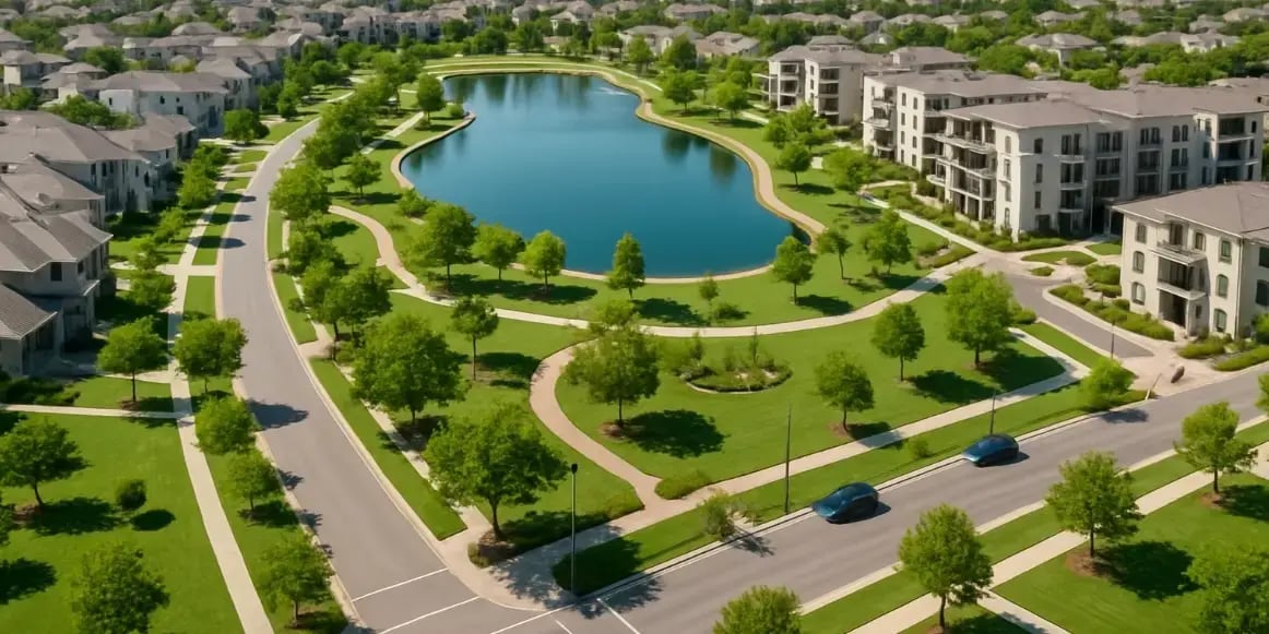 Imagen de una comunidad planeada con calles amplias reas verdes un lago artificial casas y departamentos (1)