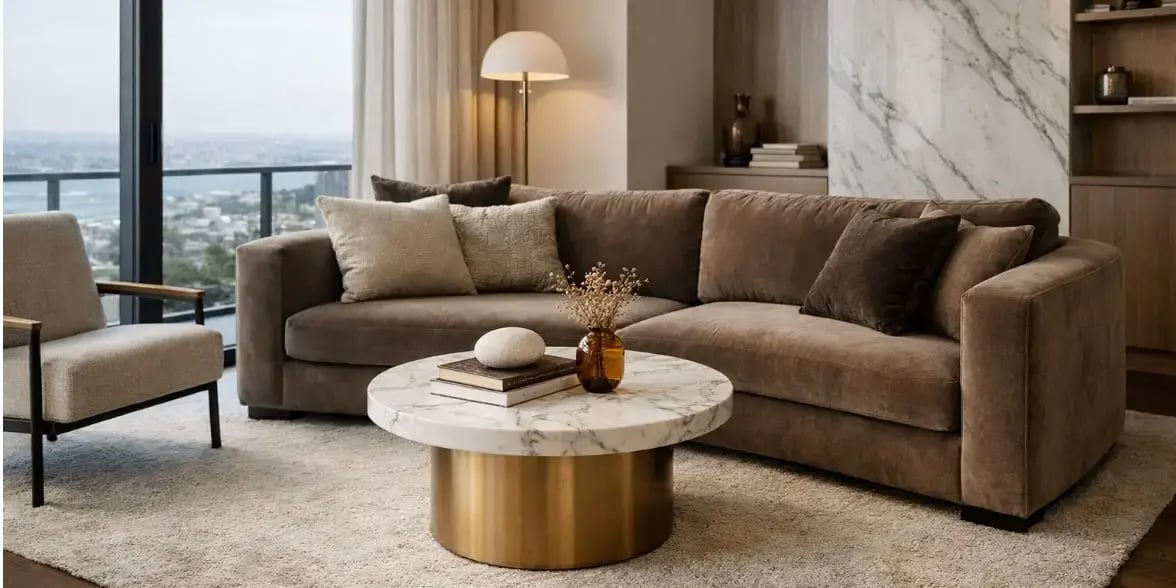 Imagen de una sala de un departamento con una mesa pequea de marmol y un silln de terciopelo cafe neutro