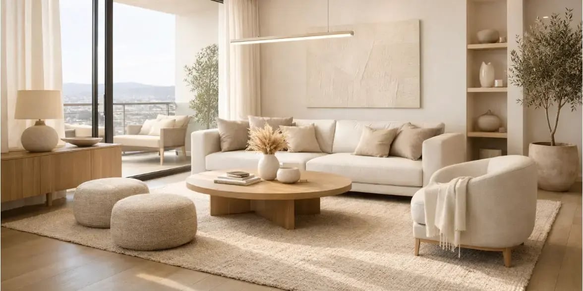 Imagen de una sala de un departamento exclusivo con decoracin minimalista calida que mejora la entrada de luz natural