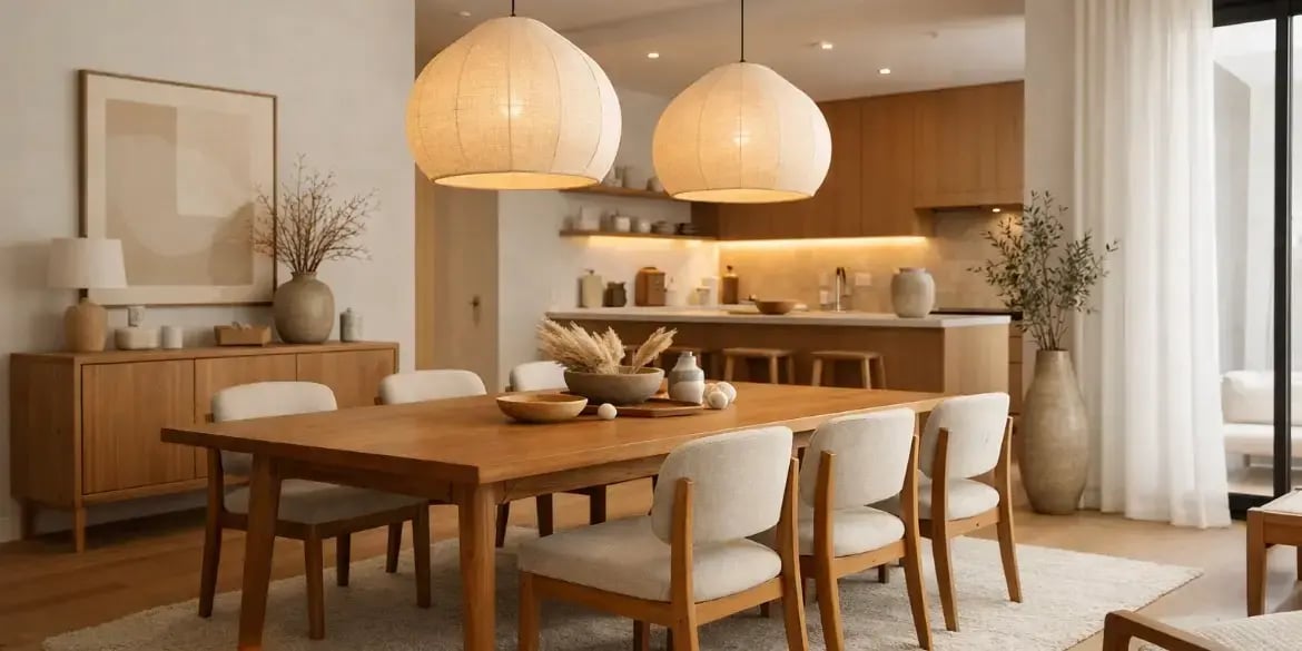 Imagen del comedor de un departamento exclusivo con decocarion minimalista calida con muebles de madera