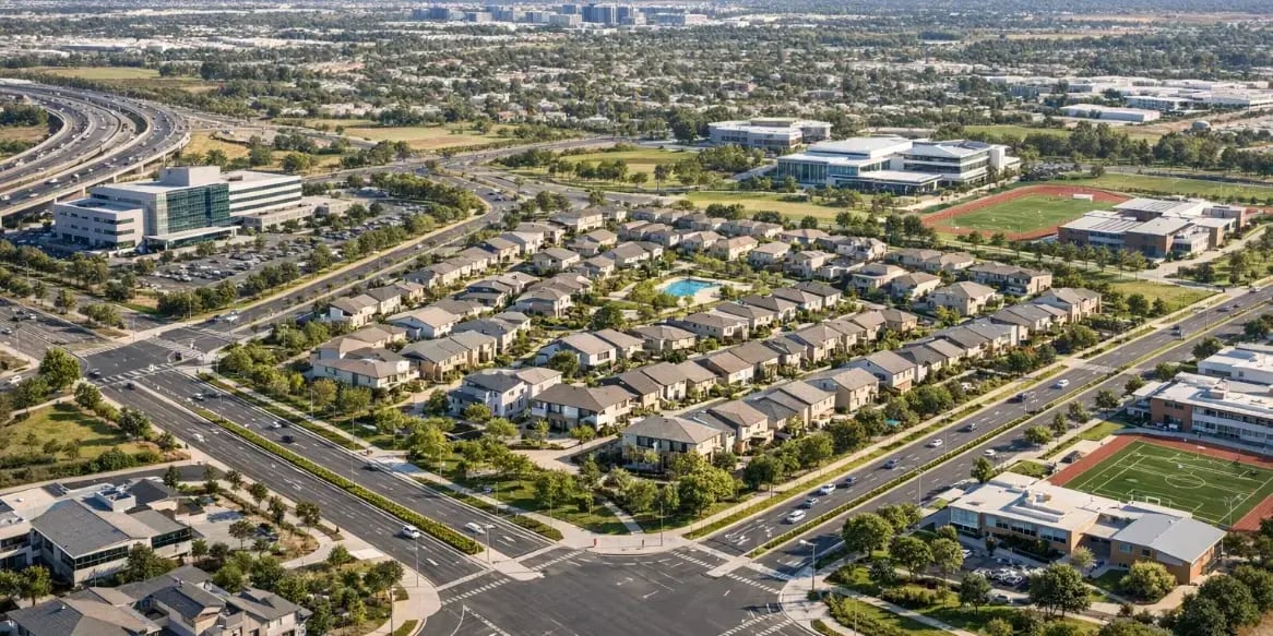 Infraestructura de un desarrollo residencial exclusivo que integra transporte, hospitales y escuelas de alta calidad. Se muestra un entorno urbano bien planificado con avenidas amplias.