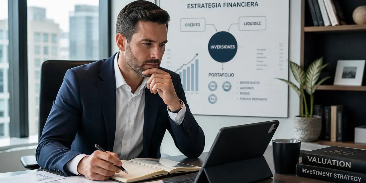 Inversionista profesional en una oficina moderna revisando estrategias financieras, utilizando crédito para potenciar sus inversiones. Está analizando gráficos en una laptop o tablet, con documentos organizados sobre el escritorio