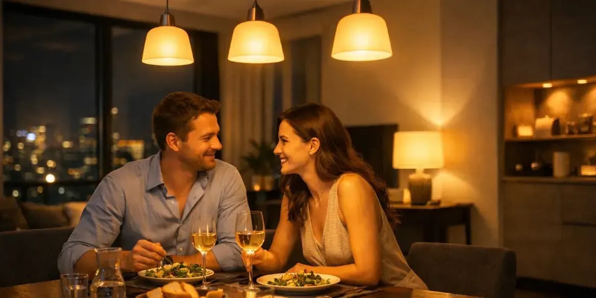 Lamparas inteligentes con luz tenue mientras una pareja esta cenando en el comedor de un departamento exclusivo