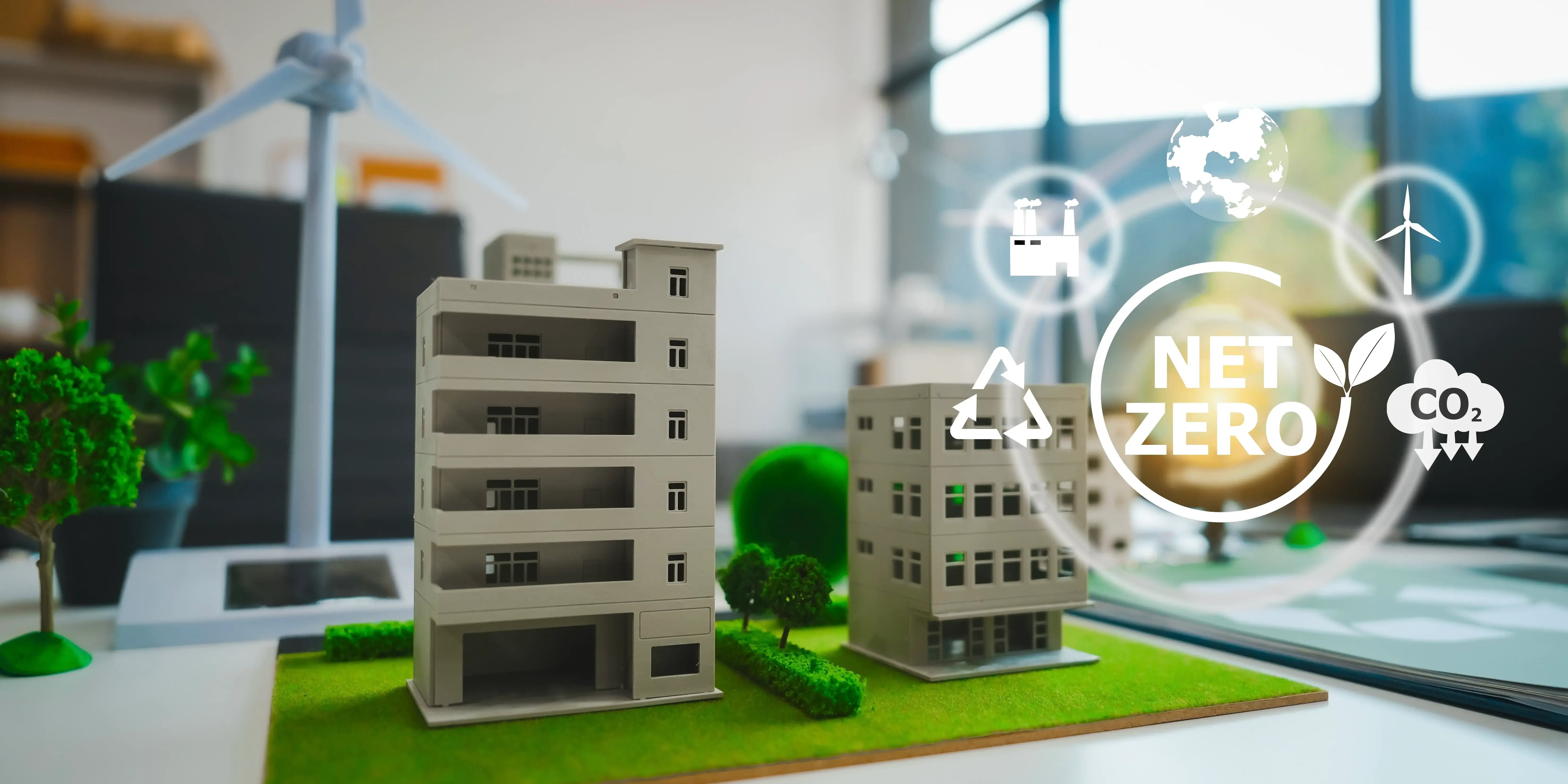 Maqueta de edificios sustentables con símbolos de reciclaje, co2 de arquitectura sostenible 