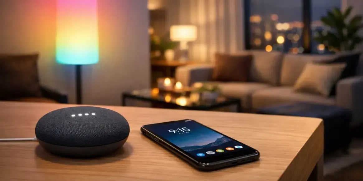 Mesa con un celular y un alexa de google al fondo una lampara inteligente en un departamento exclusivo
