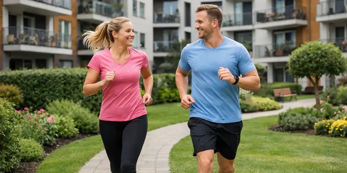 Pareja corriendo en las areas verdes de un desarrollo exclusivo