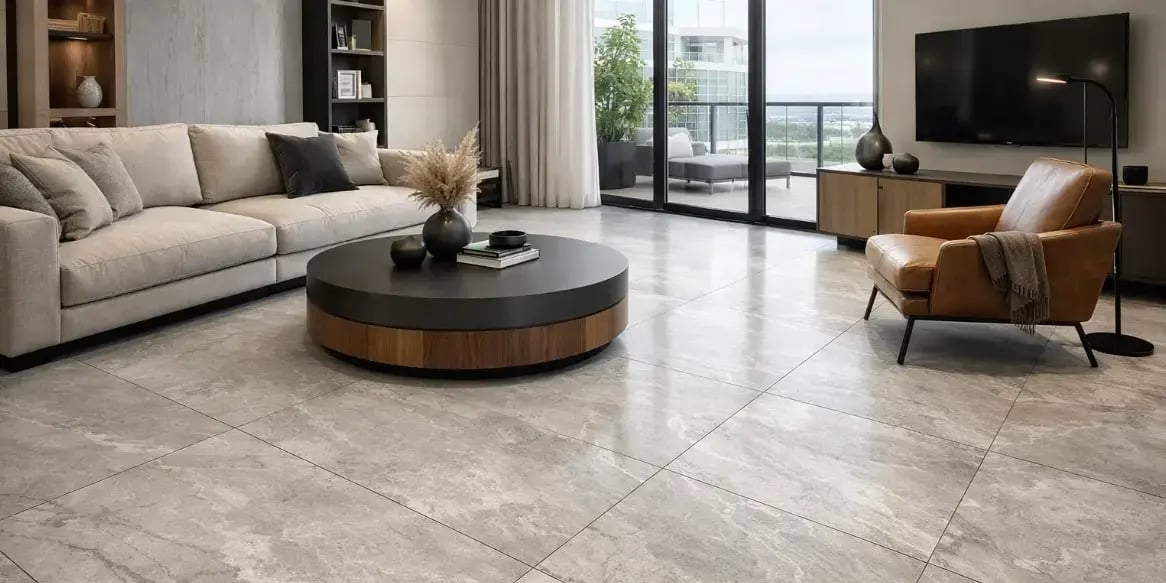 Piso de la sala de un departamento modenrno con piedra tecnologica