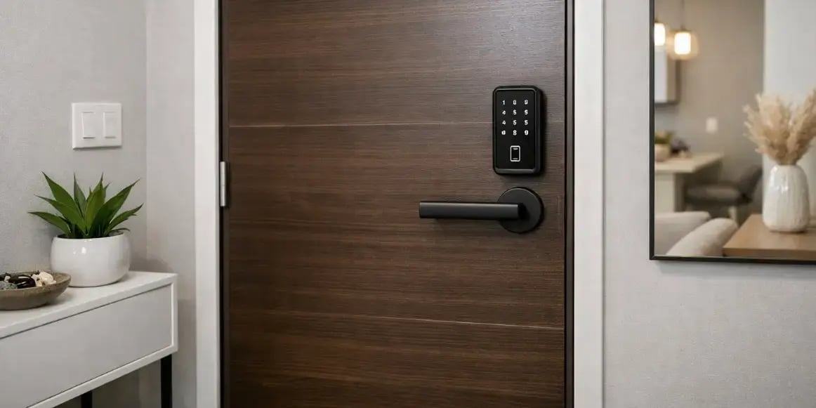 Puerta de entrada de un departamento moderno con cerradura digital