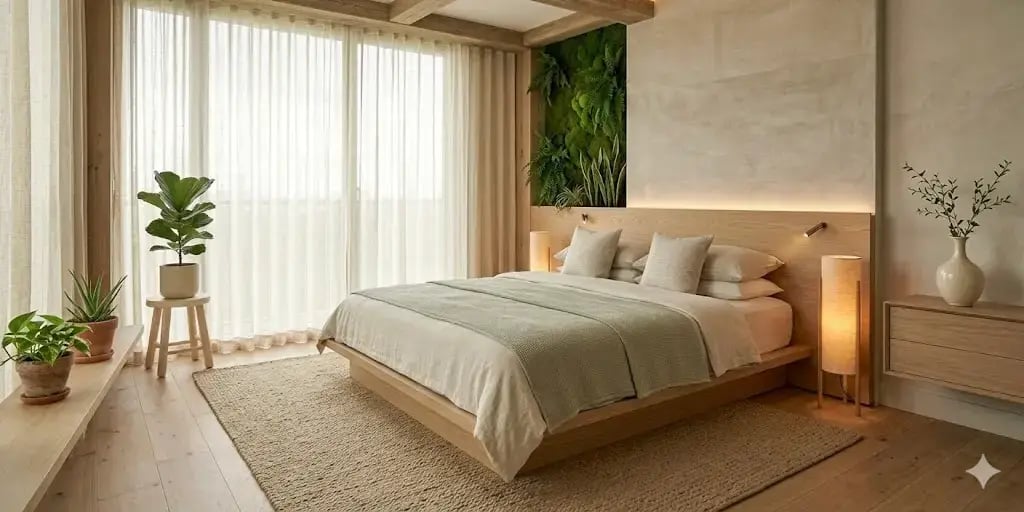 Recámara de un departamento exclusivo con diseño biofílico, estilo minimalista y elegante. Espacio con cero saturación visual, limpio y ordenado, con una paleta de colores suaves beige, crema, verde claro y tonos tierra muy sutiles