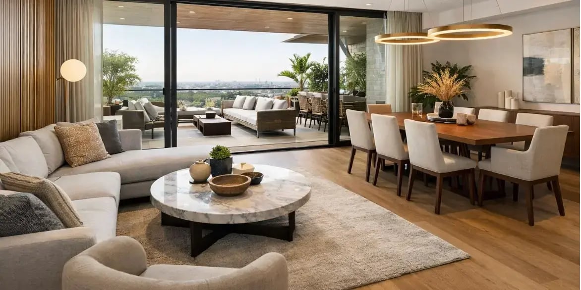Sala comedor y al fondo una terraza de un departamento moderno y exclusivo