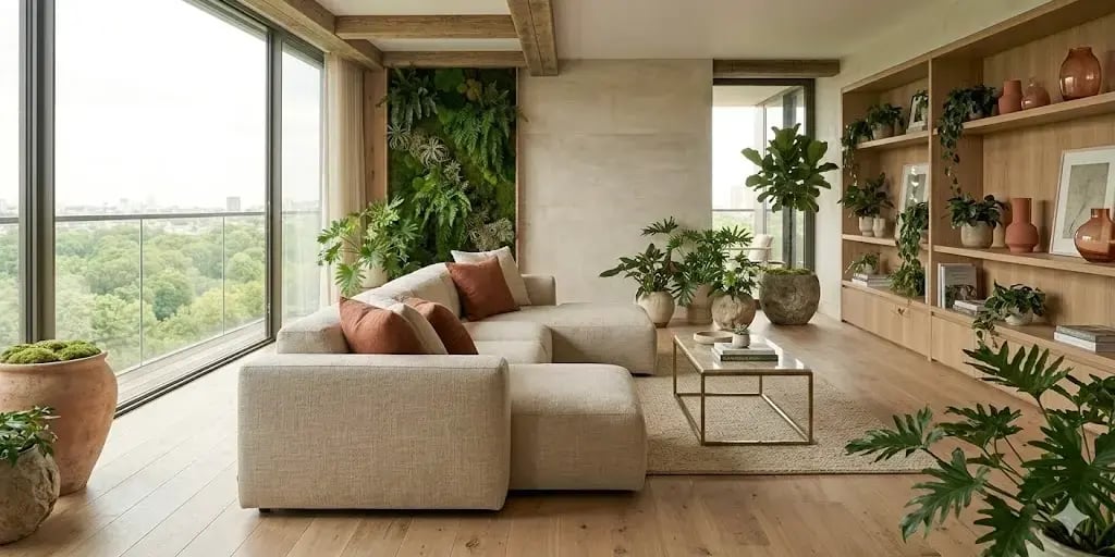 Sala de estar de un departamento exclusivo con diseño biofílico, utilizando una paleta de colores inspirados en la naturaleza, tonos verdes, beige y terracota