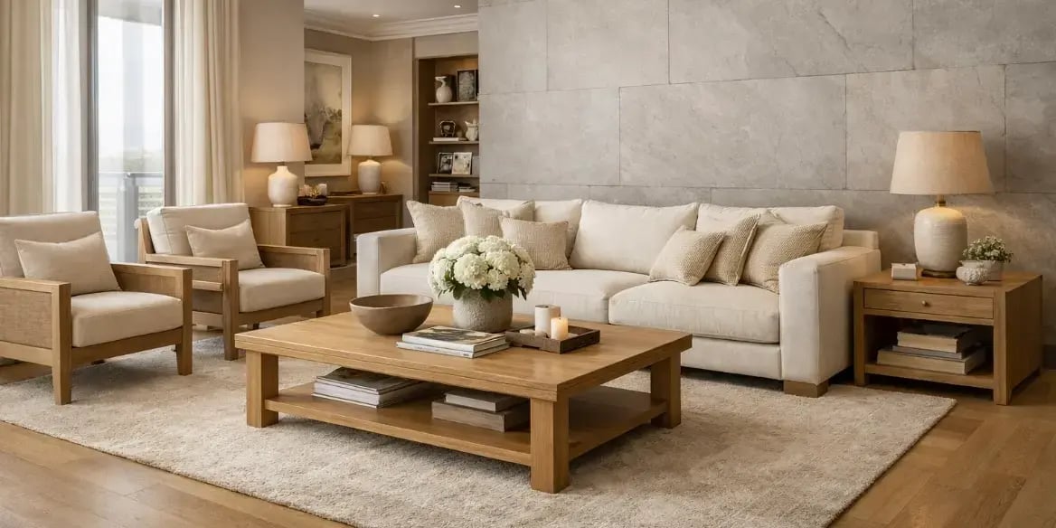 Sala de un departamento exclusivo con estilo atemporal con muebles de madera solida, una pared de piedra natural