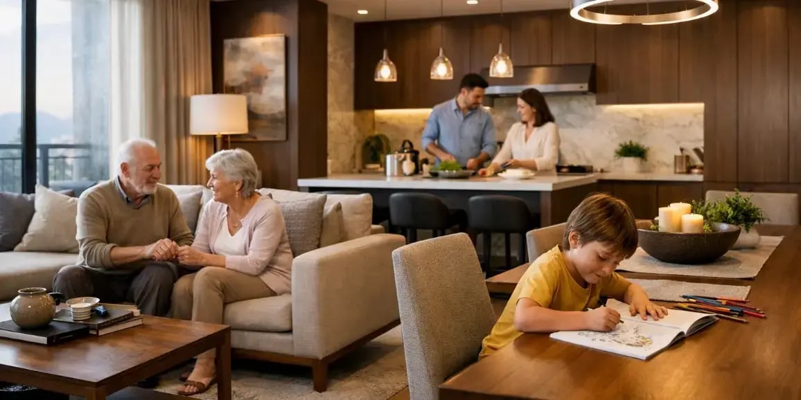 Sala y comedor de un departamento exclusivo con diseño multigeneracional, los abuelos están en la sala, los papás en la cocina y el niño en el comedor