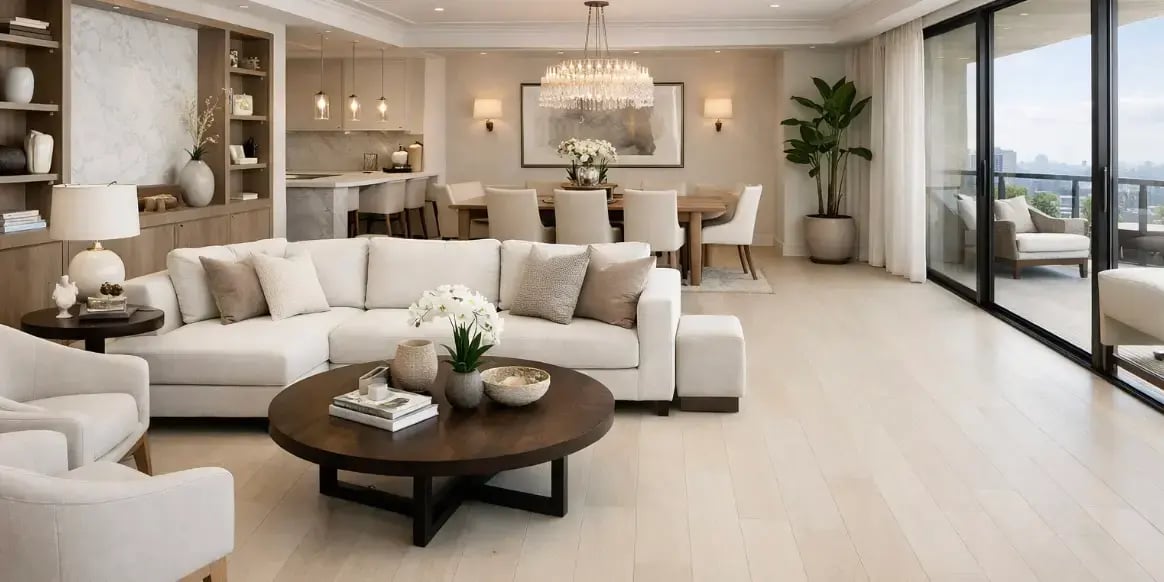 Sala y comedor de un departamento exclusivo con estilo atemporal