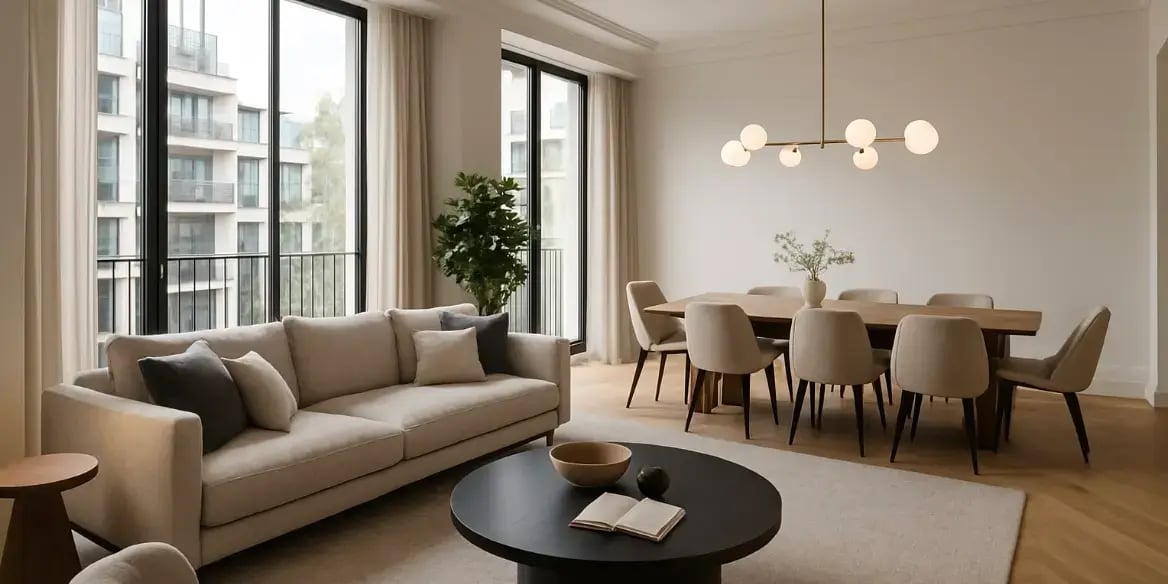 Sala y comedor de un departamento exclusivo con iluminacion natural