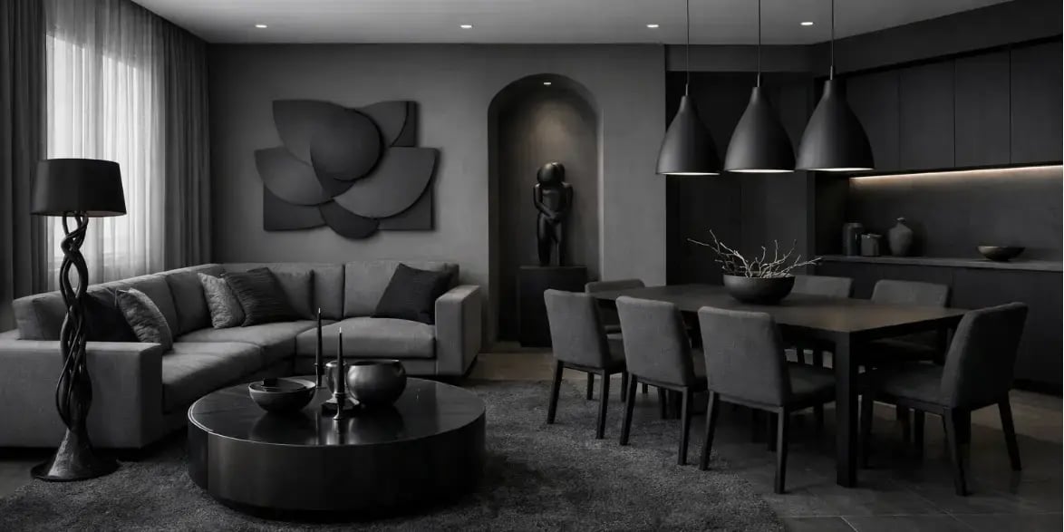 Sala y comedor de un departamento exclusivo con muebles de madera oscura y metales como hierro