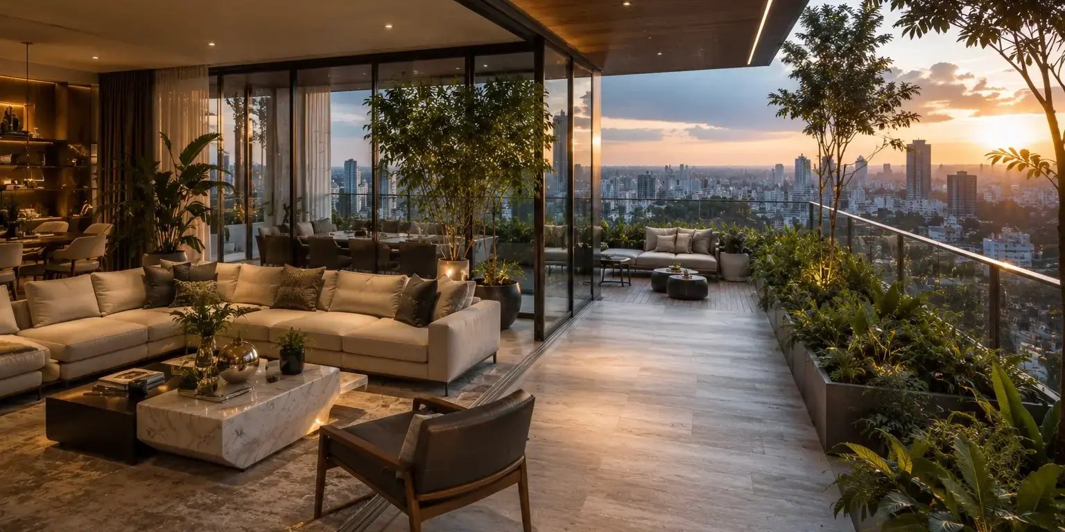 Sala y terraza de un departamento exclusivo con diseño contemporáneo y elegante, grandes ventanales de piso a techo con vista urbana, integración de vegetación interior y exterior