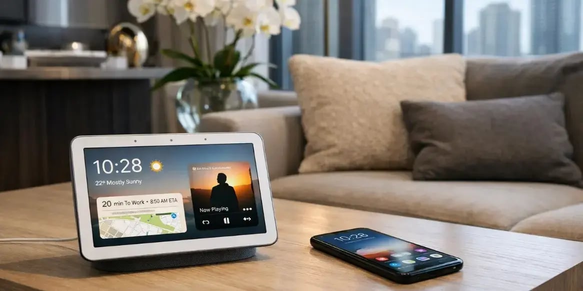 Sobre la mesa de la sala de un departamento exclusivo esta un asistente de google con pantalla y un smatphone