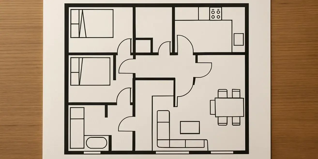 Sobre una mesa hay unos planos de un departamento donde se senala donde estan las recamaras cocina separando las areas sociales de las privadas