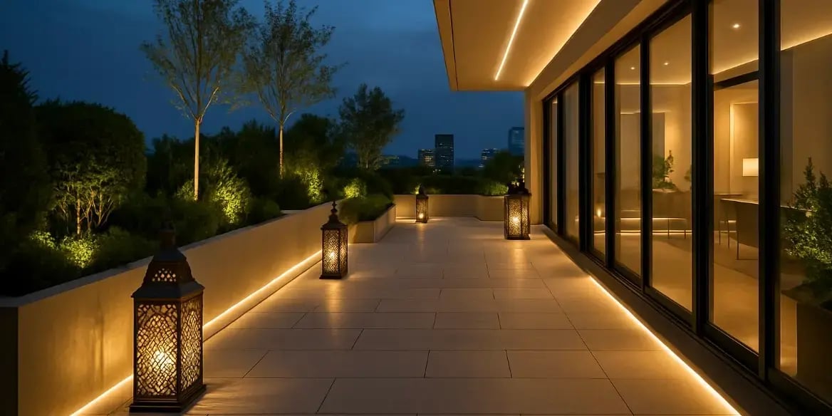Terraza de un edificio exclusivo con faroles decorativos y luces led