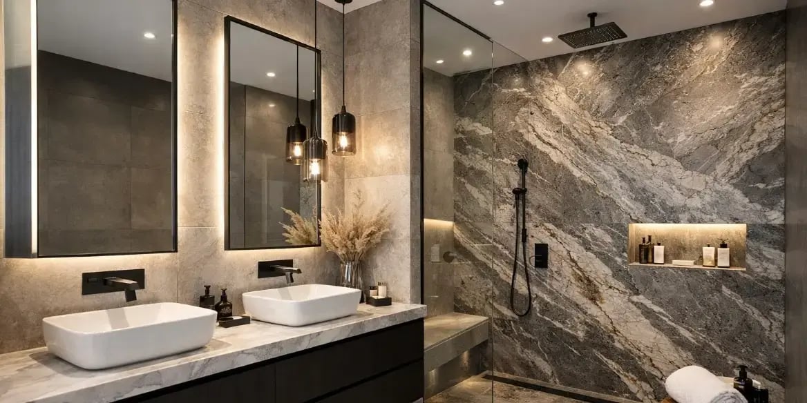 Un bano elegante y moderno con lavabos y el muro de la regadera con piedra tecnologica