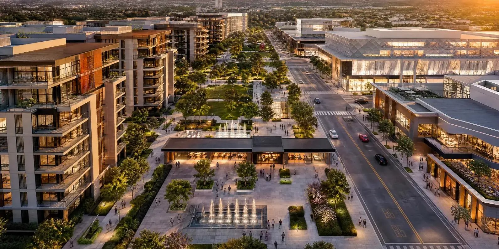 Vista panorámica de un desarrollo residencial exclusivo integrado con nuevos desarrollos comerciales modernos.
