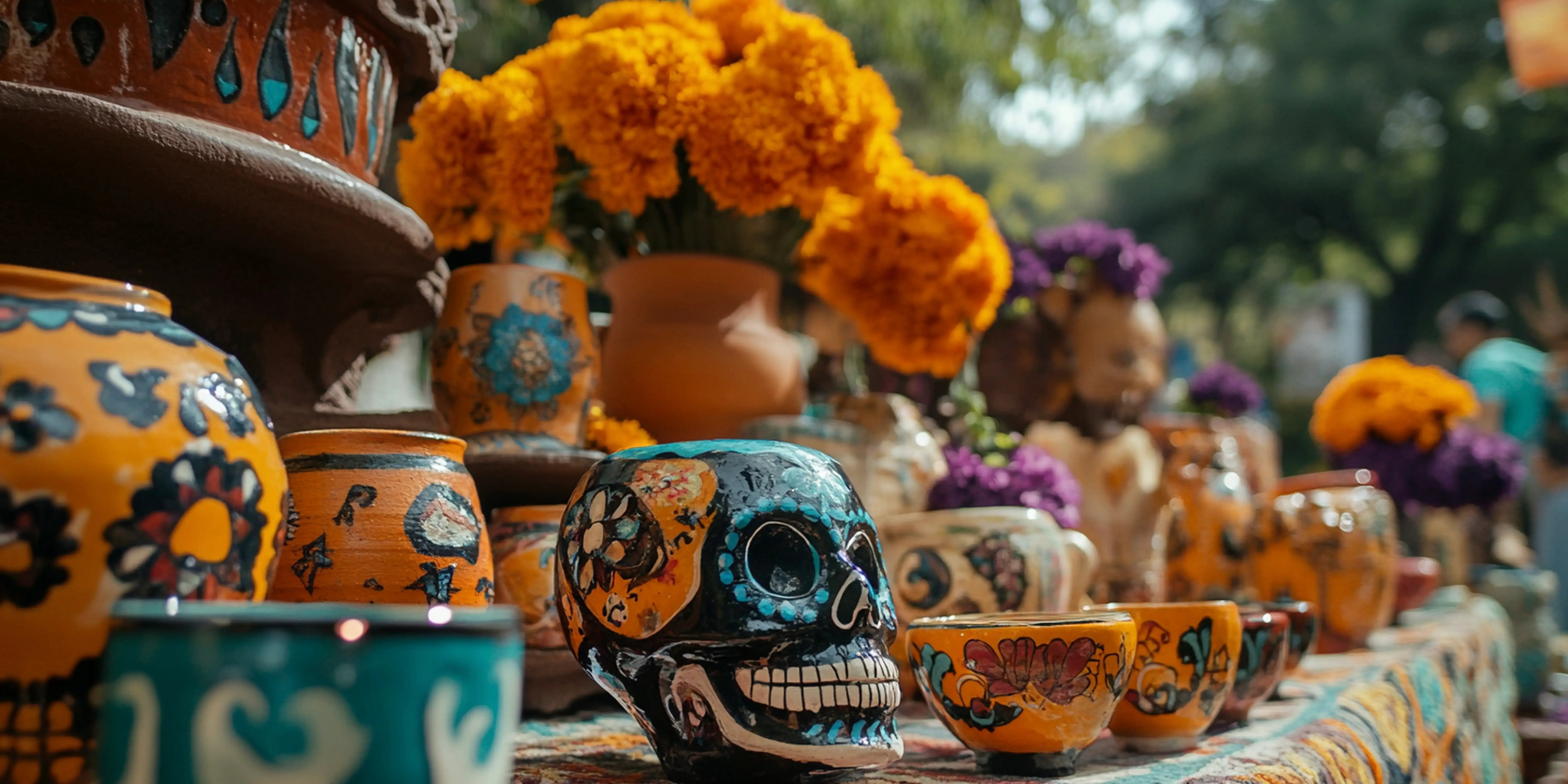 Altar con comida y flores. Hanal Pixán