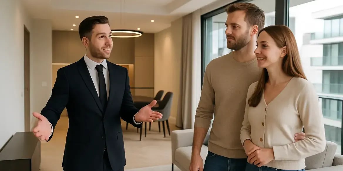 broker inmobiliario ensenandole a una pareja un departamento exclusivo