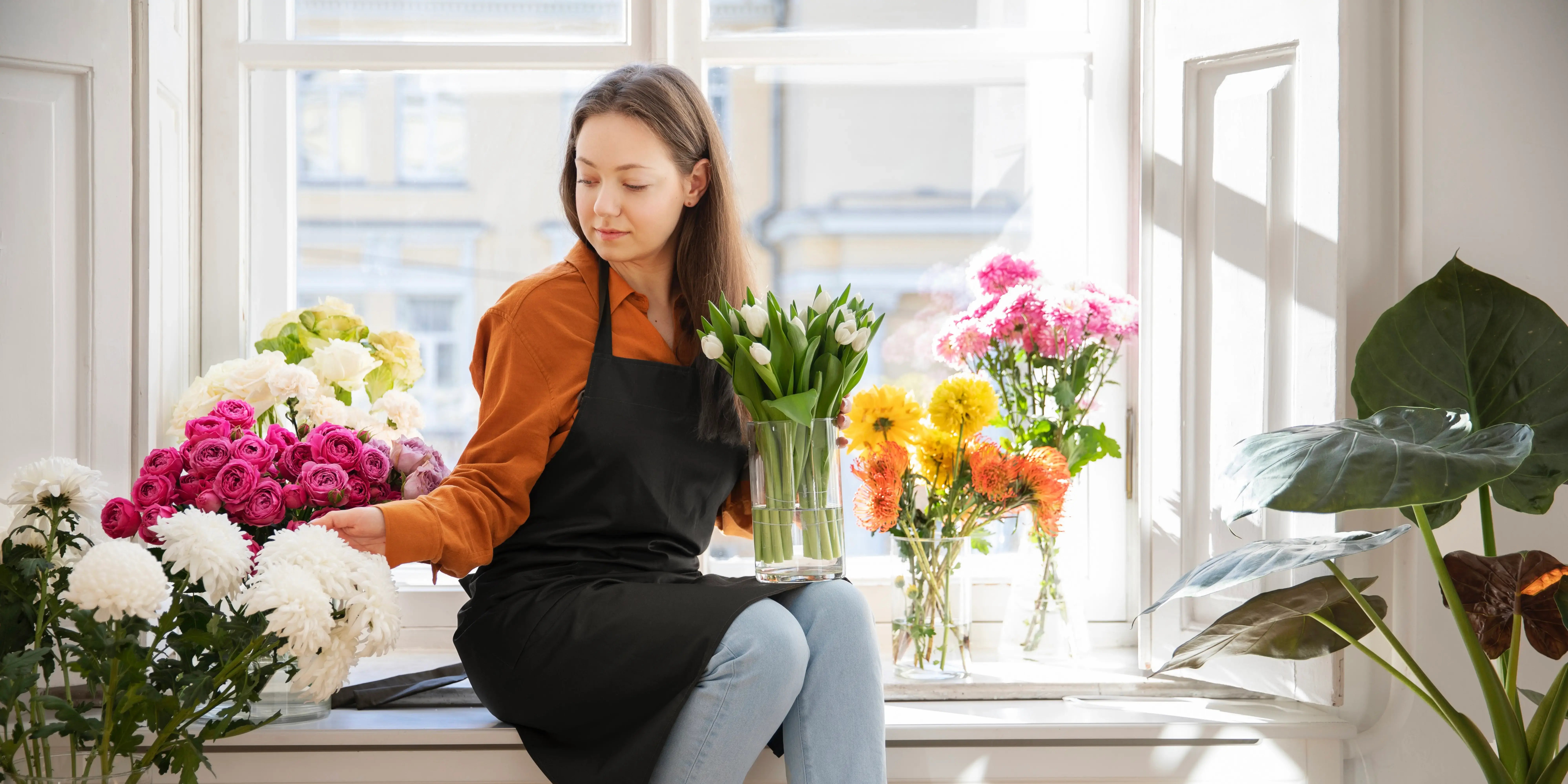 Mujer con florero y flores. Plantas que purifican y aromatizan