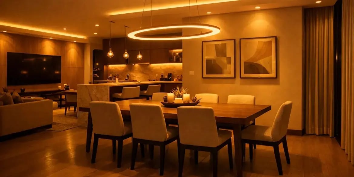 departamento moderno con iluminacin inteligente en el comedor solo con luz amarillo calido