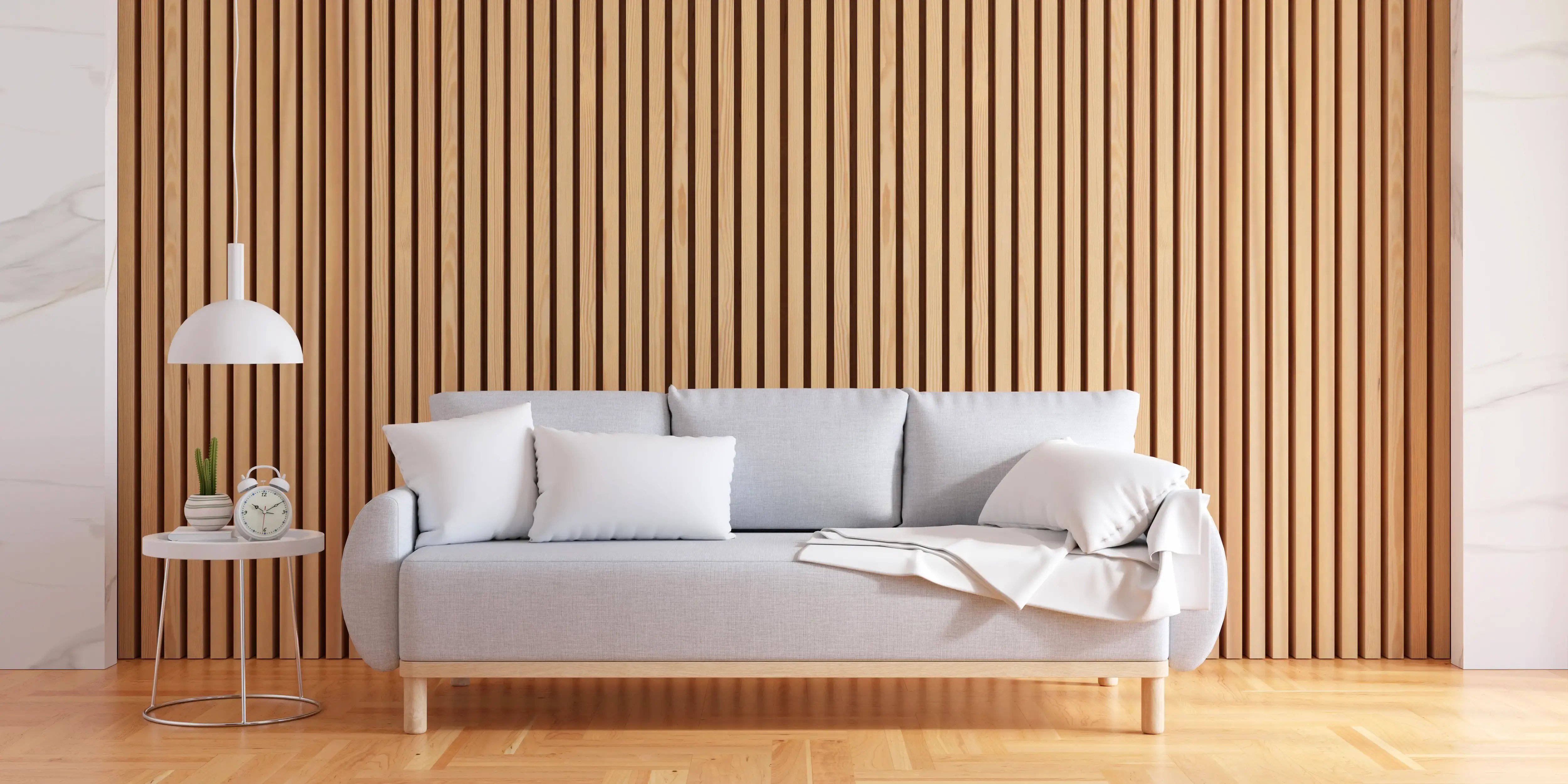 Sillón de sala y pared de madera. Estilo orgánico