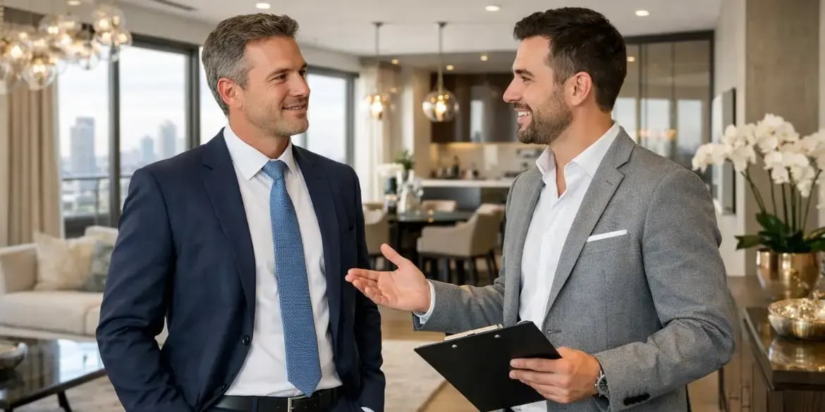 hombre de negocios caucasico hablando con un asesor inmobiliario en un departamento de lujo