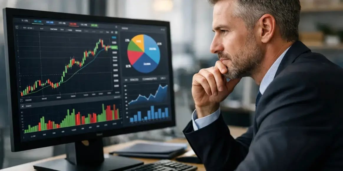 hombre de negocios viendo la pantalla de una computadora con graficas de inversion