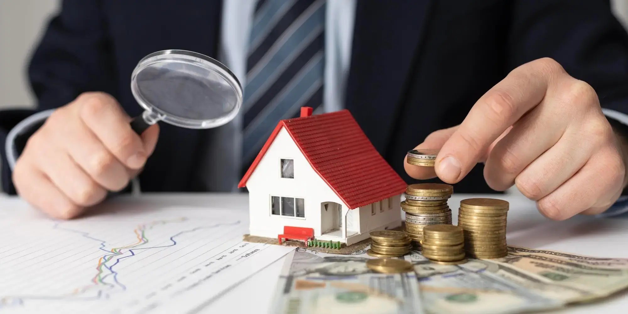 Hombre con gráficas, dinero y una lupa. Predicción en el mercado inmobiliario