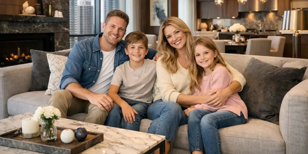 imagen de una familia en la sala de su departamento exclusivo