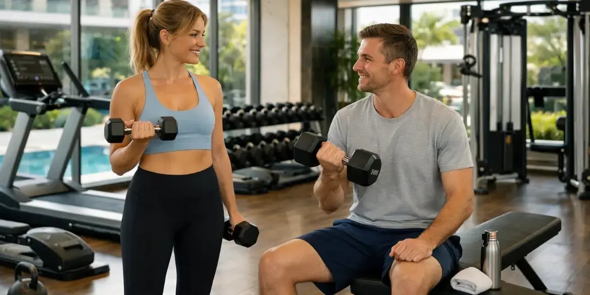 pareja entrenando en un gimnasio equipado de un desarrollo de lujo
