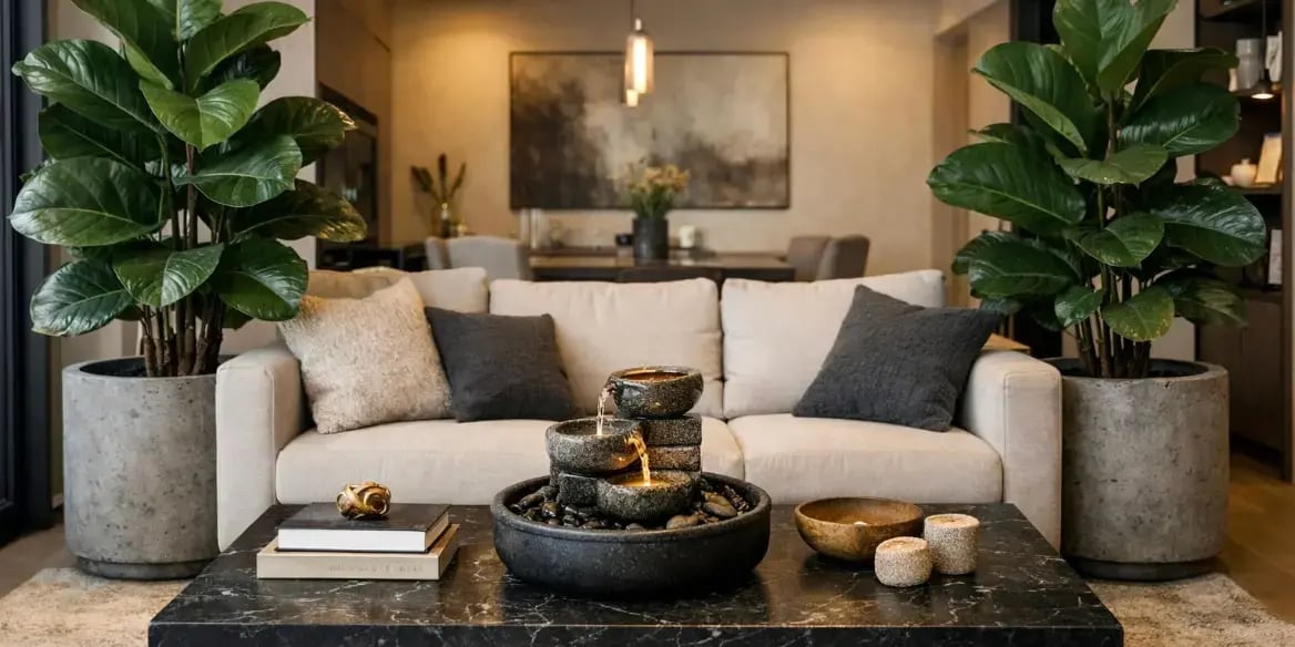 sala de un departamento exclusivo con macetas de concreto a los lados del silln con hojas grandes como ficus  y en la mesa de centro una pequena fuente